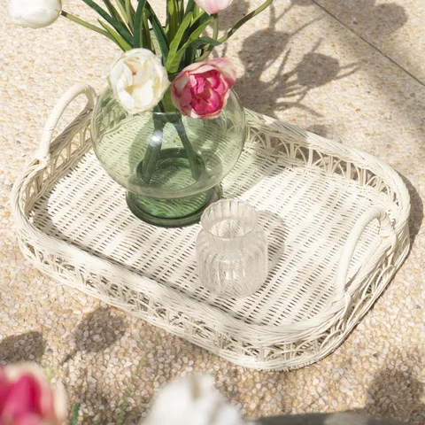 Rattan Export Natural Rattan Tray Wholesale Set of 2 in White for Table Decor and Organization - REX-AMB20250016SET
