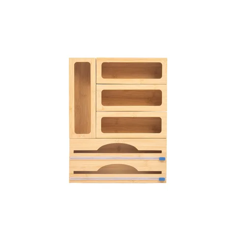 Rattan Export Bamboo Foil and Plastic Wrap Organizer Wholesale FSC Kitchen Drawer Food Storage Bag Holder with Engraved Labels - REX-BB00000302ME