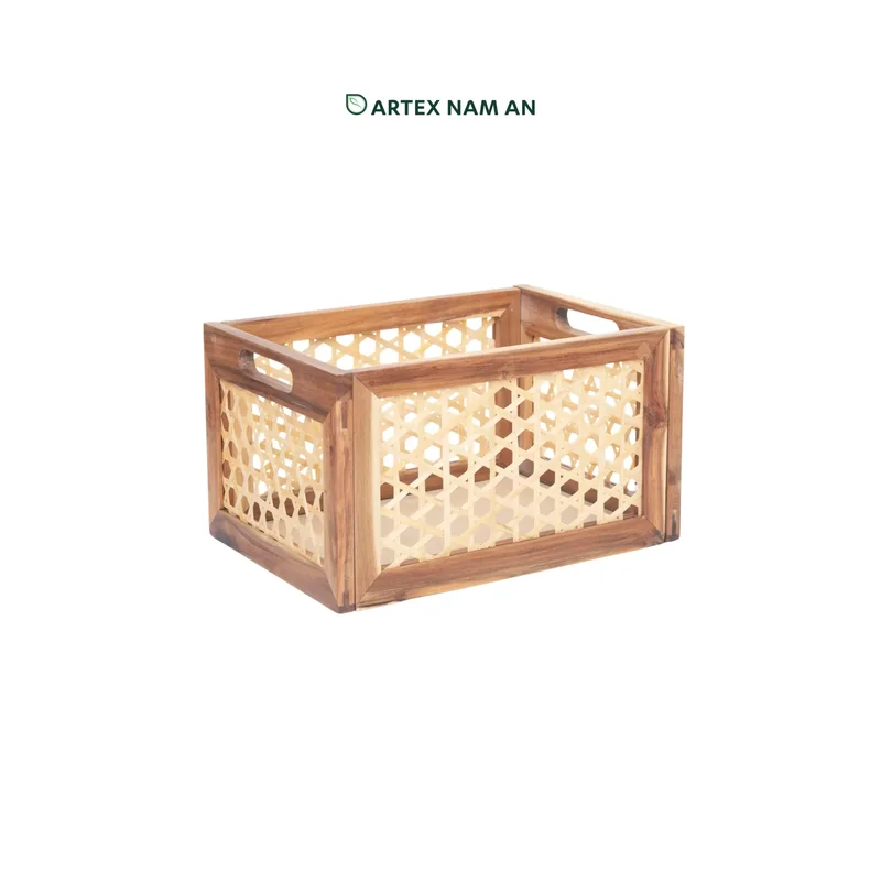 Rattan Export Wholesale Storage Basket in Acacia Wood, with Bamboo Mesh, Knock Down Design - REX-GBS042025-058