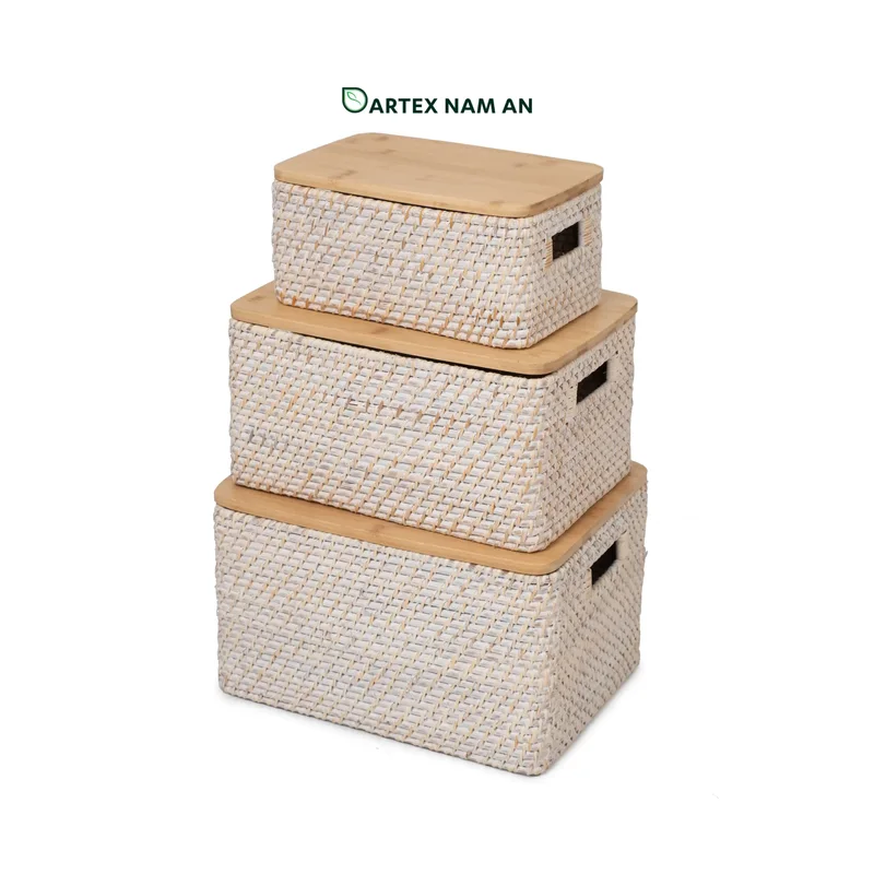 Rattan Export Wholesale Rattan Basket Set with Bamboo Lids for HORECA, Office, and Retail - REX-GSF-260040