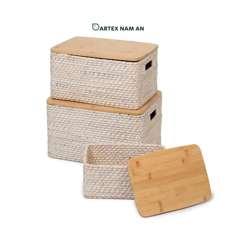 Rattan Export Wholesale Rattan Basket Set with Bamboo Lids for HORECA, Office, and Retail - REX-GSF-260040