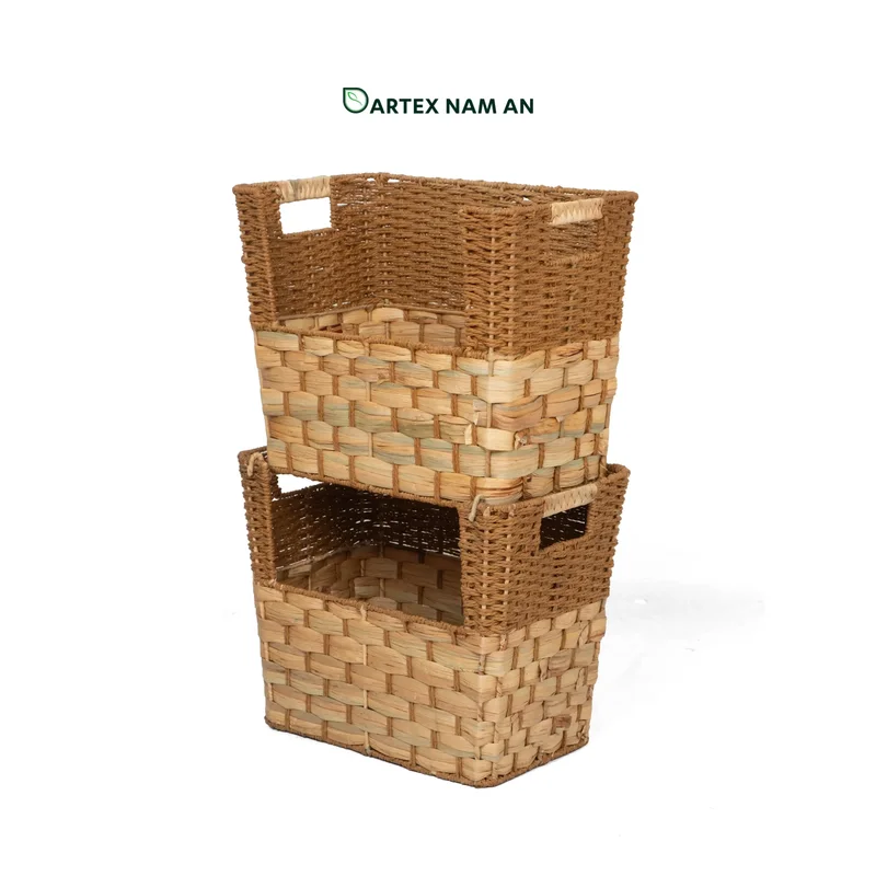 Rattan Export Stackable Water Hyacinth and Paper Wholesale Storage Basket Set of 2 for HORECA, Office, and Retail Display - REX-GSF-260049