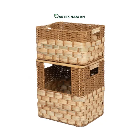 Rattan Export Stackable Water Hyacinth and Paper Wholesale Storage Basket, with Bamboo Mid-Lid for HORECA, Office, and Retail - REX-GSF-260050