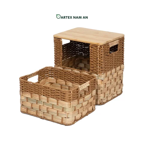 Rattan Export Stackable Water Hyacinth and Paper Wholesale Storage Basket, with Bamboo Mid-Lid for HORECA, Office, and Retail - REX-GSF-260050