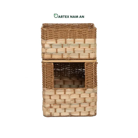 Rattan Export Stackable Water Hyacinth and Paper Wholesale Storage Basket, with Bamboo Mid-Lid for HORECA, Office, and Retail - REX-GSF-260050