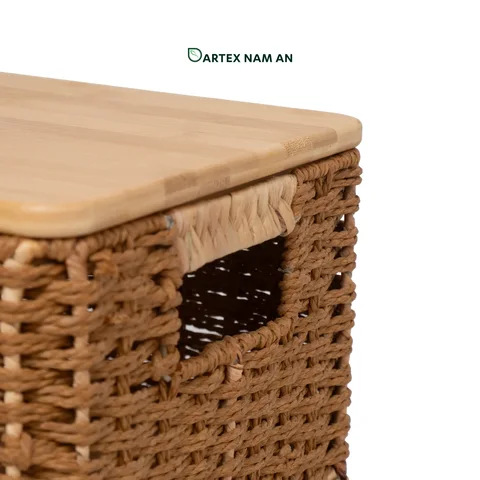 Rattan Export Stackable Water Hyacinth and Paper Wholesale Storage Basket, with Bamboo Mid-Lid for HORECA, Office, and Retail - REX-GSF-260050
