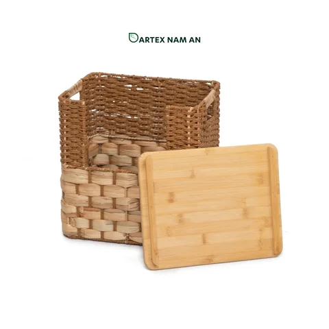 Rattan Export Stackable Water Hyacinth and Paper Wholesale Storage Basket, with Bamboo Mid-Lid for HORECA, Office, and Retail - REX-GSF-260050