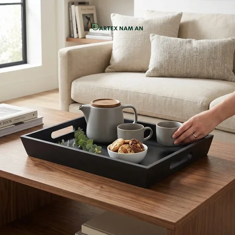 Rattan Export Wholesale Serving Tray in Black with Integrated Handles for HORECA, Office, and Home - REX-GSF-260063