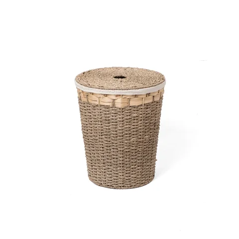 Rattan Export Natural Seagrass and Water Hyacinth Laundry Basket Wholesale with Lid and Fabric Liner - REX-MD0925020001