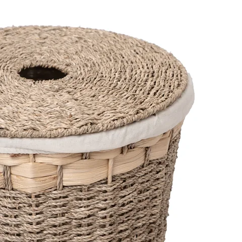 Rattan Export Natural Seagrass and Water Hyacinth Laundry Basket Wholesale with Lid and Fabric Liner - REX-MD0925020001