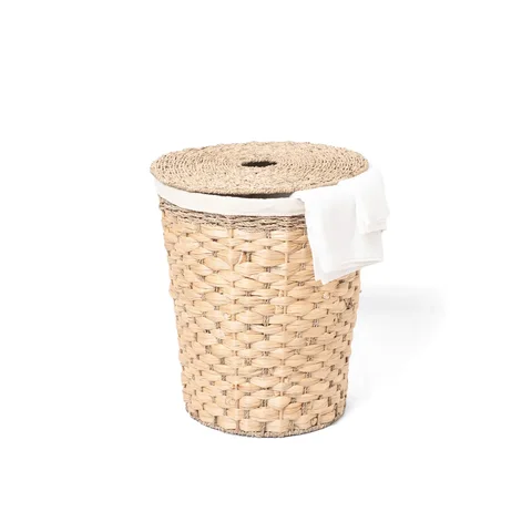 Rattan Export Natural Water Hyacinth and Seagrass Laundry Basket Wholesale with Lid and Fabric Liner - REX-MD0925030001