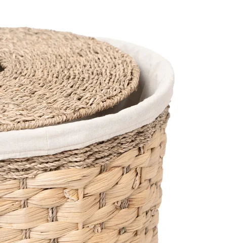 Rattan Export Natural Water Hyacinth and Seagrass Laundry Basket Wholesale with Lid and Fabric Liner - REX-MD0925030001