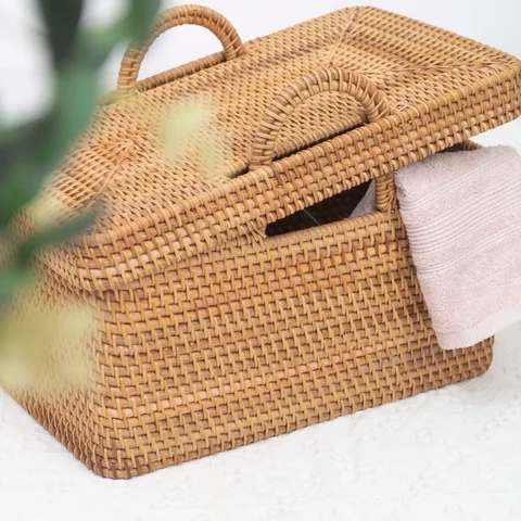 Rattan Export Natural Rattan Storage Basket Wholesale with Lid Premium Design - REX-RT0100018701ME