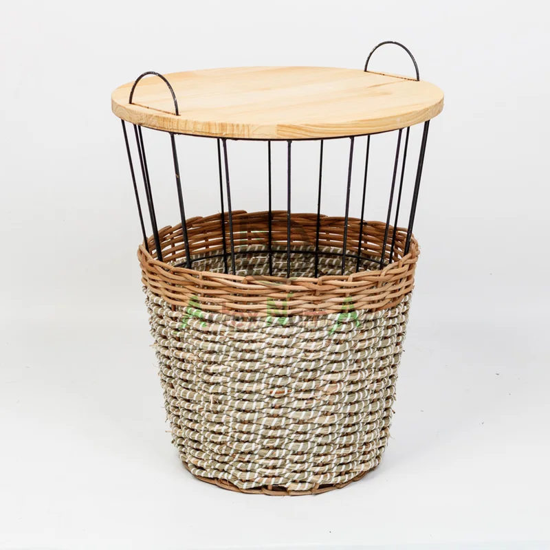 Rattan Export Seagrass Storage Basket Table Wooden Lid - REX-SG0100011601LG