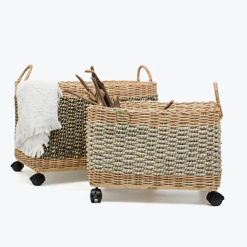 Rattan Export Seagrass Log Storage Basket With Wheels - REX-SG0100022001