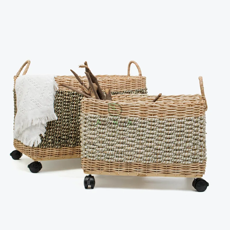 Rattan Export Seagrass Log Storage Basket With Wheels - REX-SG0100022001