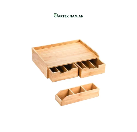 Rattan Export Storage Containers in Bulk Made from FSC Bamboo with Drawers for Coffee Pod and Tea Bag Organization - REX-TF26-00206