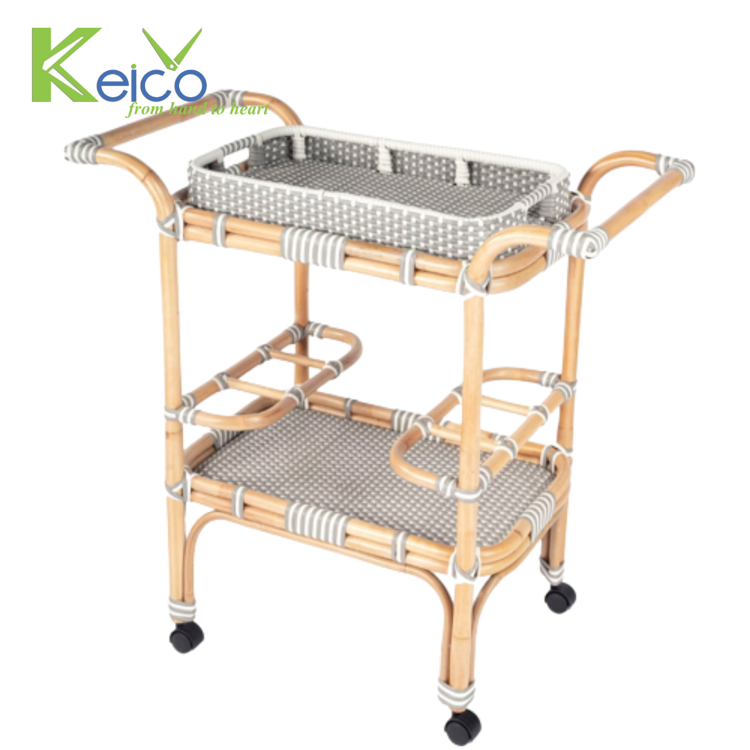 Rattan Export Carrito bar rectangular de ratán de 2 niveles con bandeja de ratán sintético extraíble - REX-K2310501