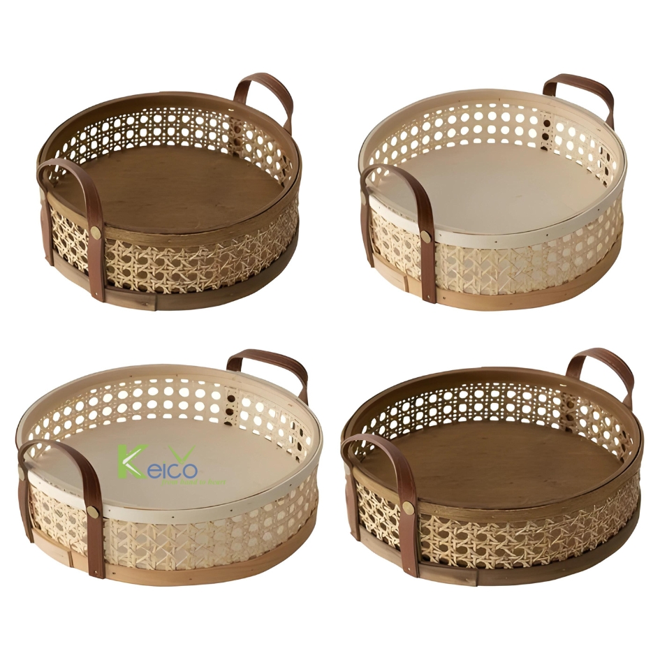 Rattan Export Customize Color and Size Round Wood and Rattan Webbing Tray with Faux Leather Handle - REX-K2314111200-1