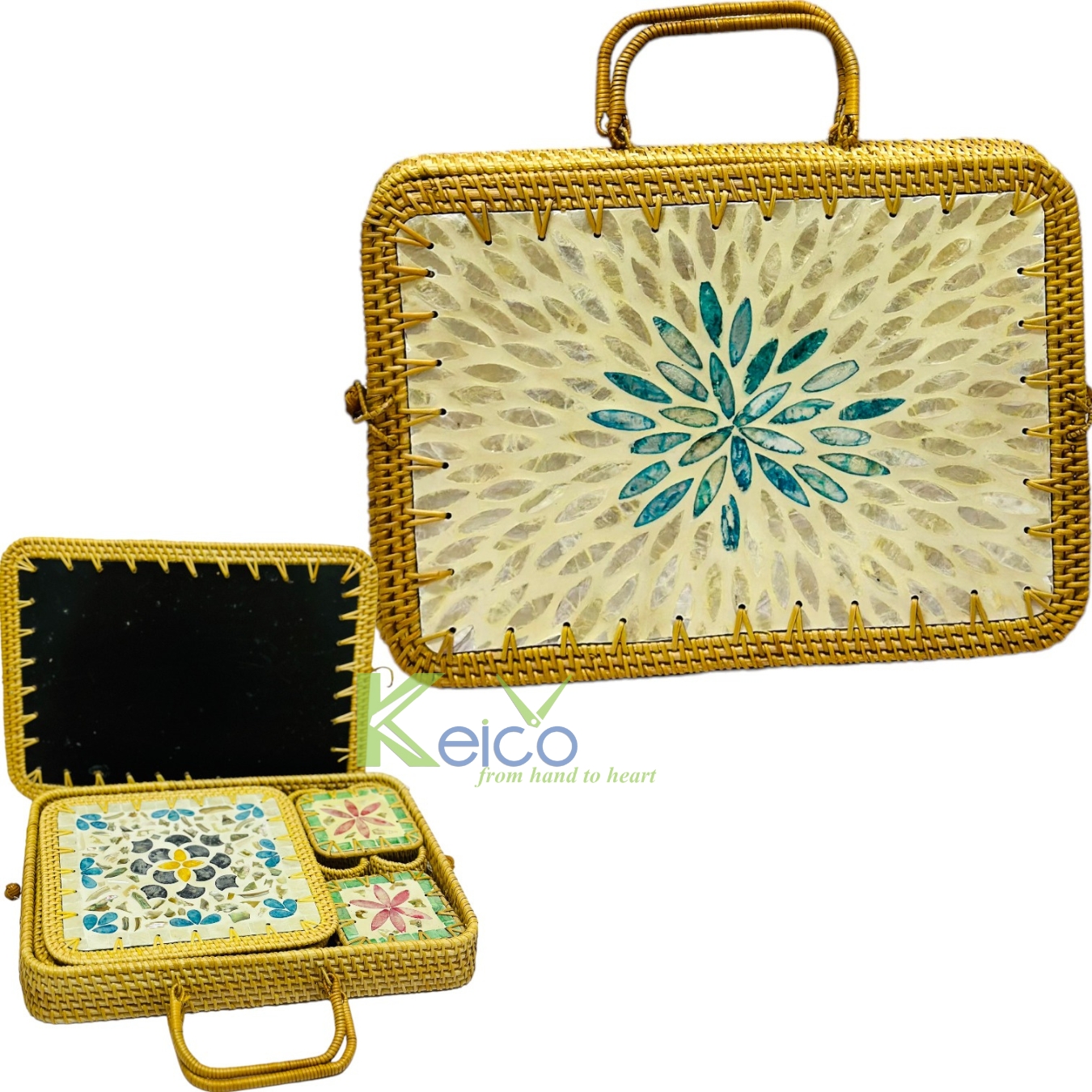 Rattan Export Set de regalo rectangular de ratán y Capiz de nuevo diseño - REX-K23101201-1