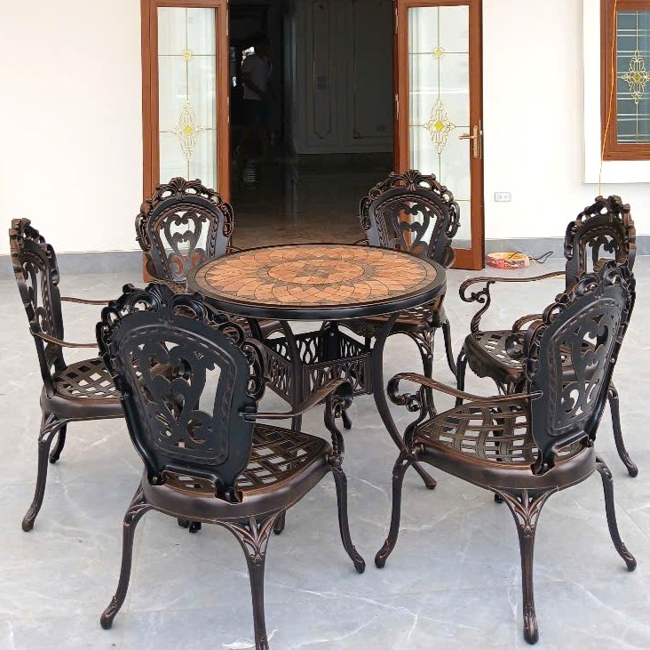 Rattan Export Set di Mobili in Alluminio Pressofuso Piano in Pietra - REX-D94-6GTCD