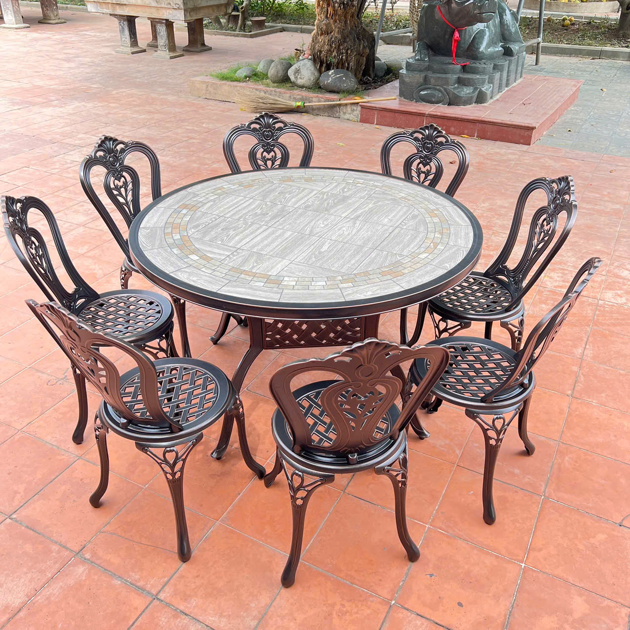 Rattan Export Set di Mobili in Alluminio Pressofuso Piano in Pietra D120-10G - REX-D120-10GVN