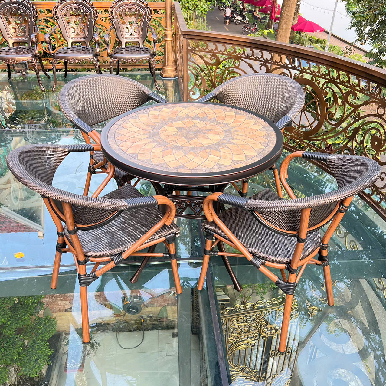 Rattan Export Set di Mobili Piano in Pietra D84 - 4 Sedia Textilen - REX-D84-4GT