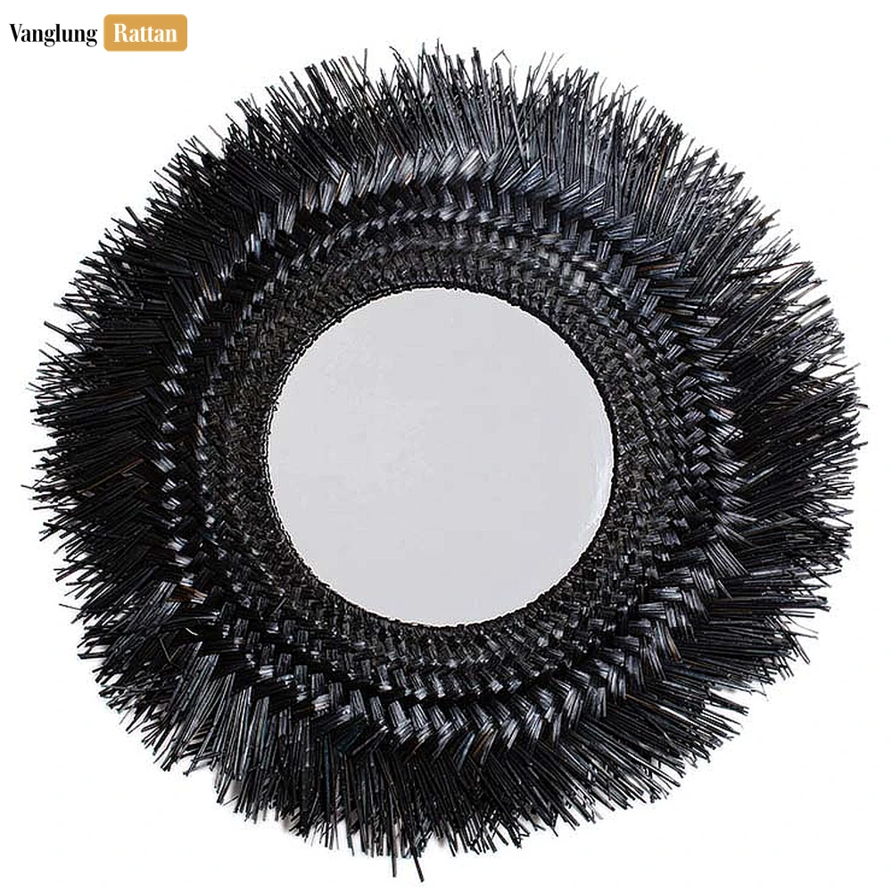 Rattan Export Modern schwarz handgeflochten Seegras Fransen Wand Spiegelrahmen Dekor - REX-MI260105