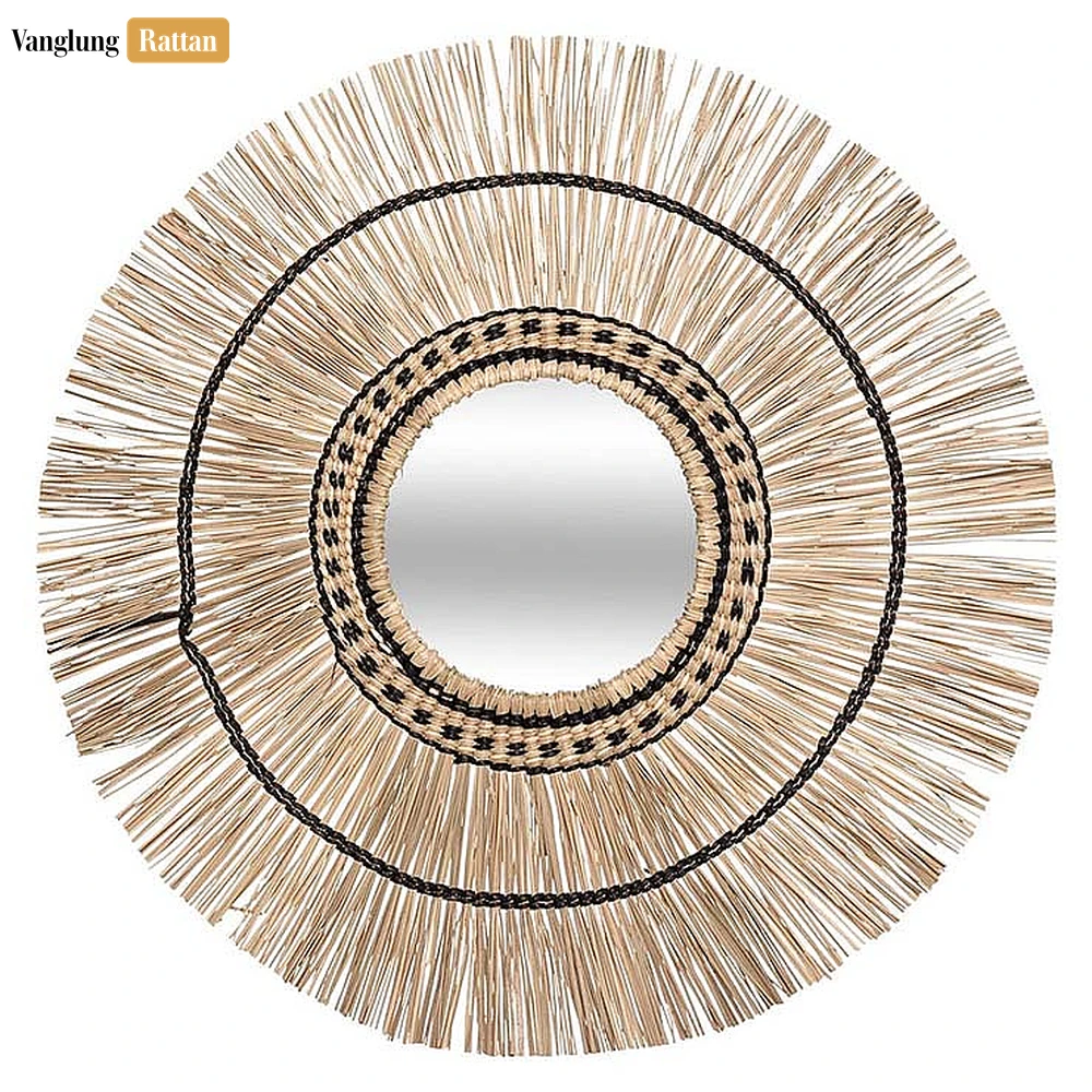 Rattan Export Boho handgeflochten naturbelassen Seegras Fransen Spiegel schwarz Akzent - REX-MI260104