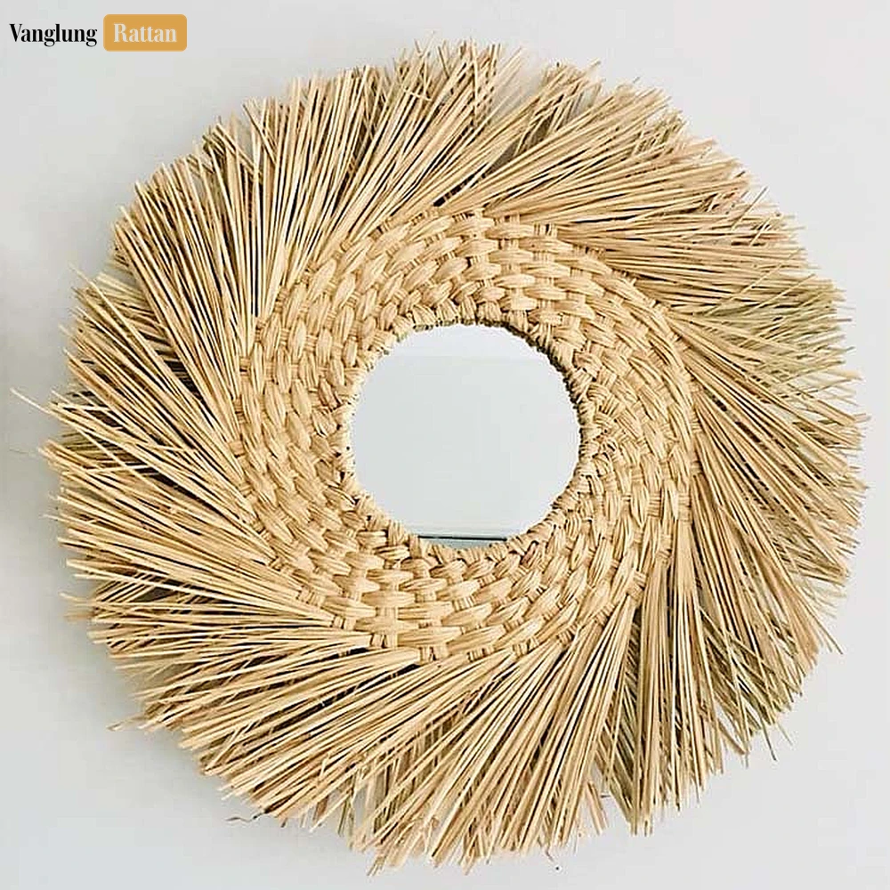 Rattan Export Boho naturbelassen geflochten Seegras Naturfaser Fransen rund Wandspiegel - REX-MI260103