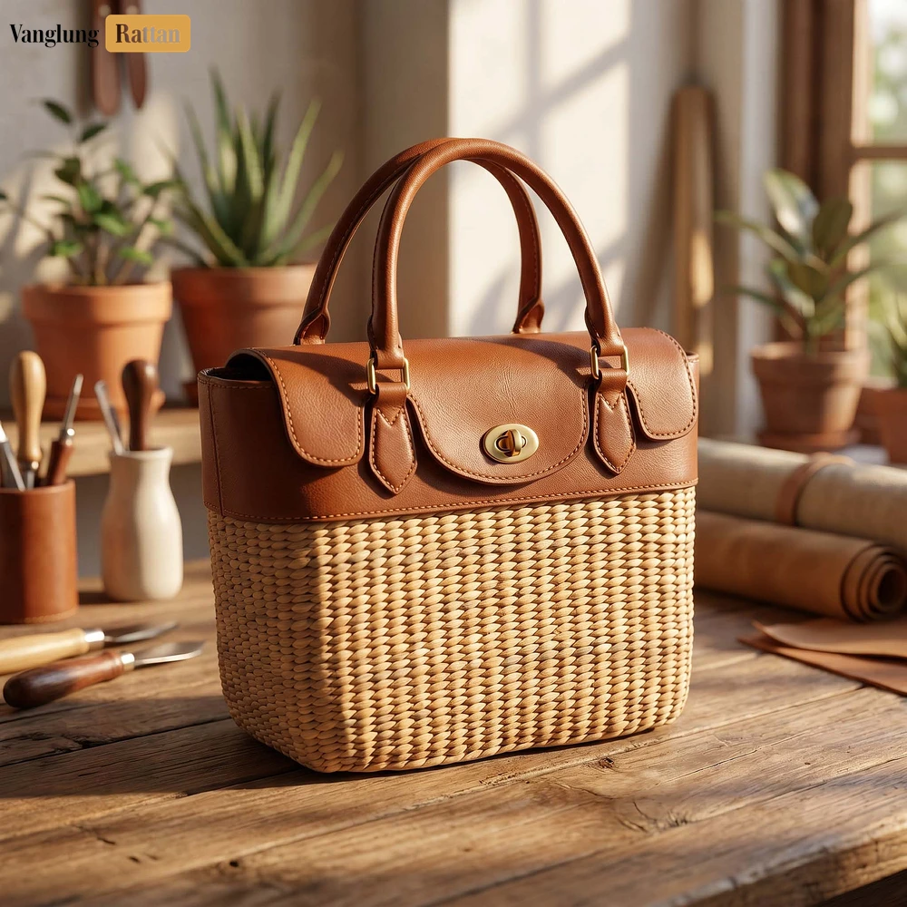 Rattan Export Luxury Leather Flap Water Hyacinth Tote Bag - REX-BG085007