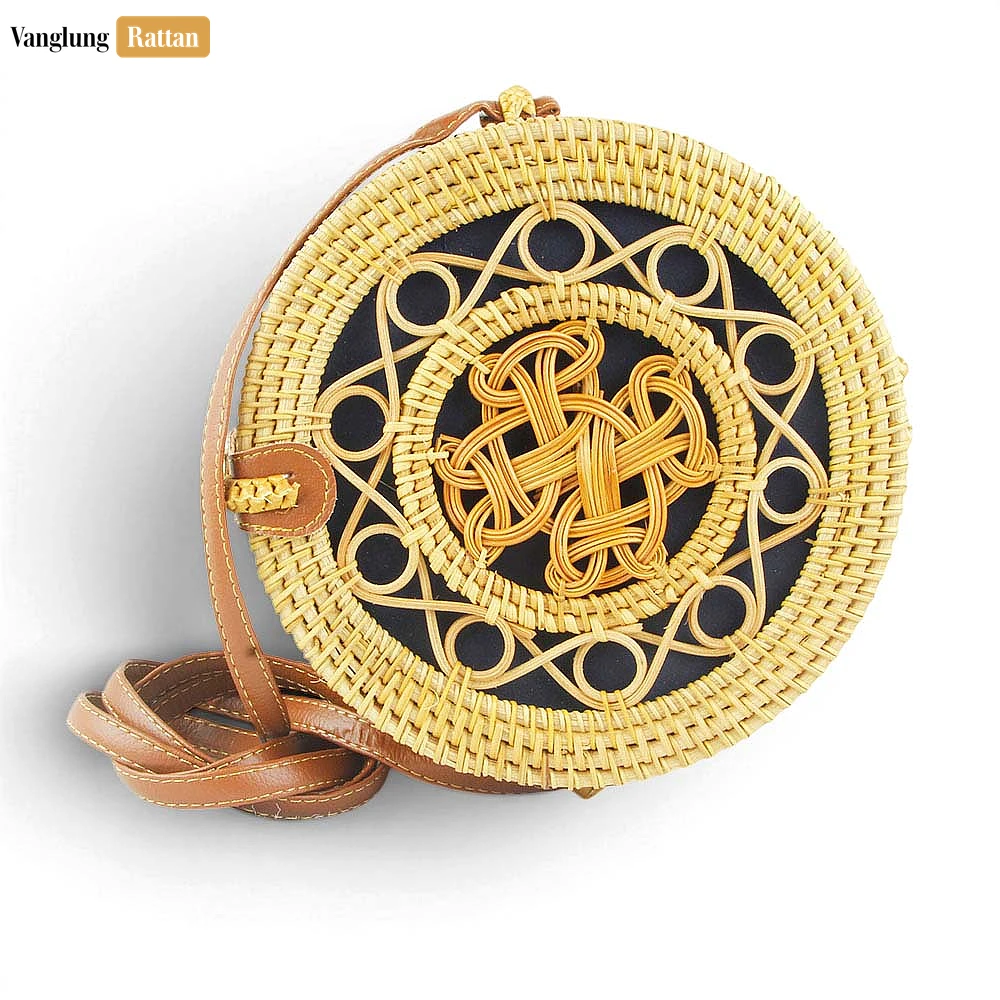 Rattan Export Handmade Round Pattern Woven Straw Rattan Crossbody Bag - REX-BG013017