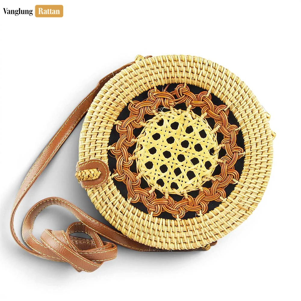 Rattan Export Handmade Round Woven Rattan Straw Beach Crossbody Bag - REX-BG013016