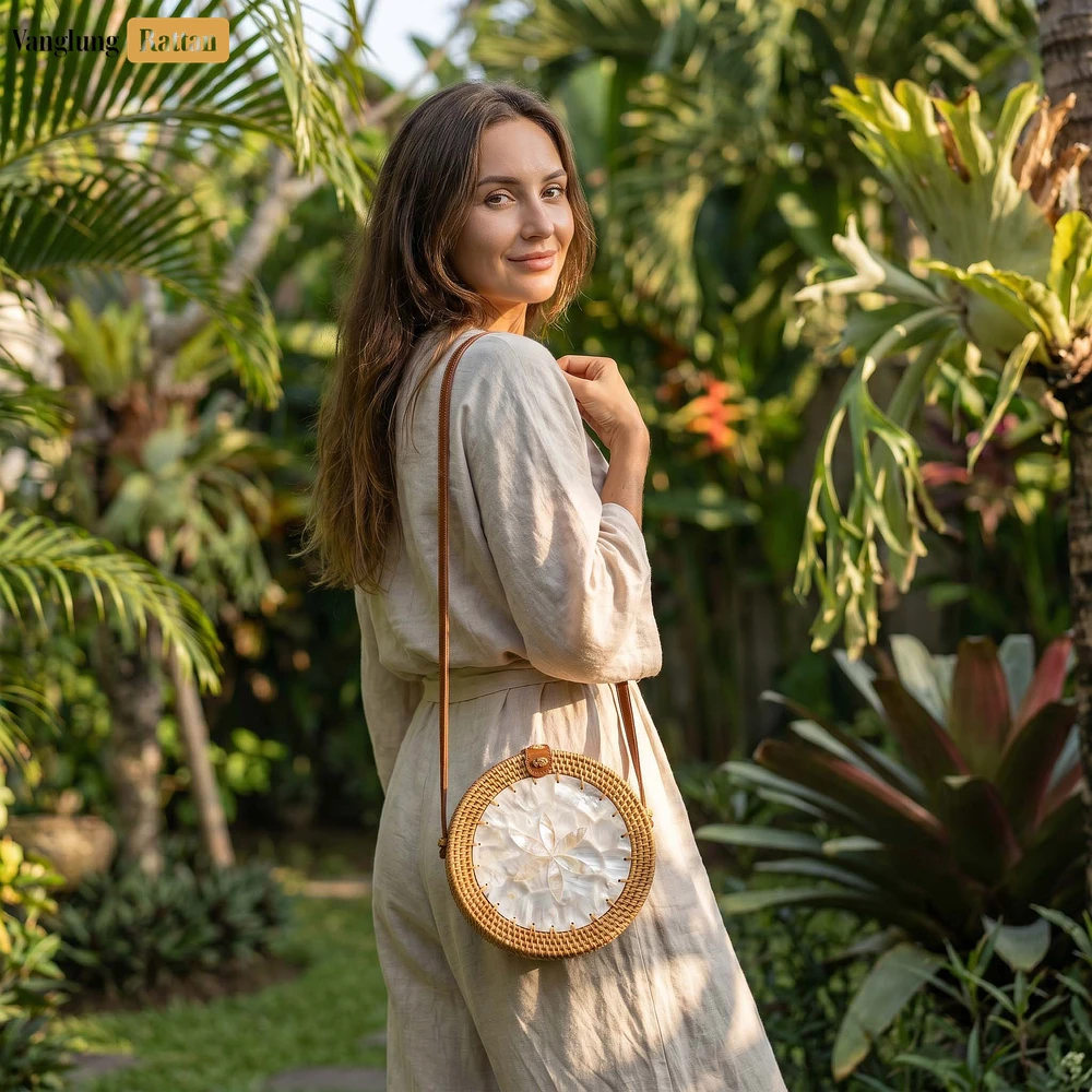 Rattan Export Round Rattan Wicker Straw Crossbody Bag with Mother of Pearl Inlay - REX-BG013012