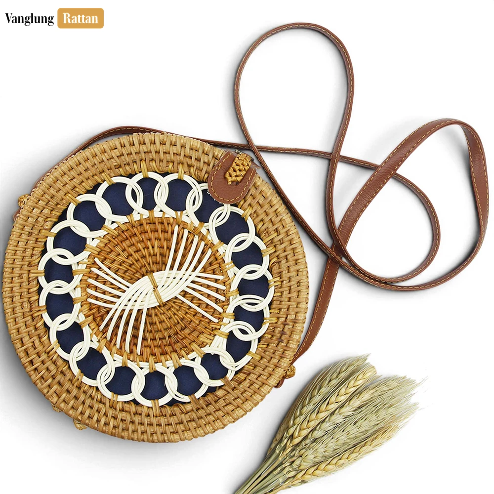 Rattan Export Wholesale Round Rattan Straw Crossbody Bag White Geometric Detail - REX-BG013011