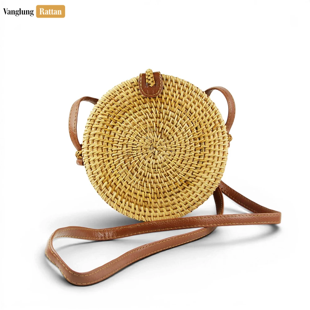 Rattan Export Wicker Round Natural Straw Rattan Crossbody Bag Leather Strap - REX-BG013010