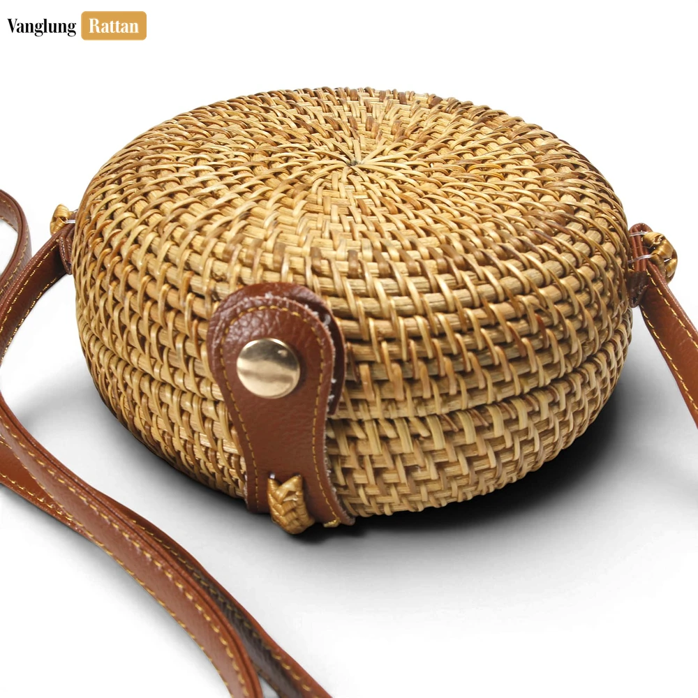 Rattan Export Custom Classic Round Wicker Straw Rattan Crossbody Bag with Leather Strap - REX-BG013008