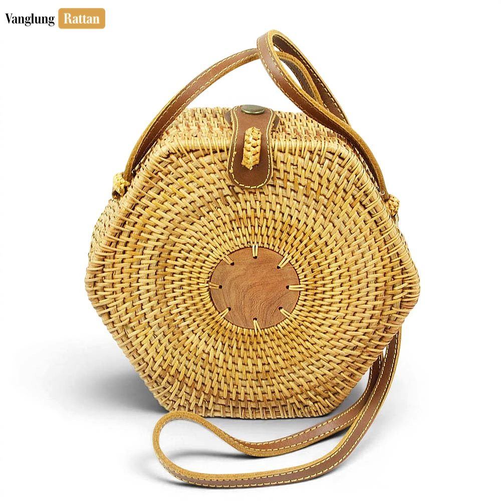 Rattan Export Handwoven Hexagon Straw Rattan Crossbody Bag with Wood Detail - REX-BG013007