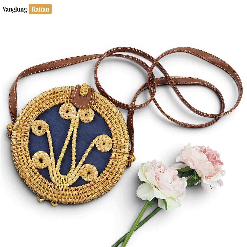 Rattan Export Wholesale Round Straw Rattan Shoulder Bag Navy Blue Woven Design - REX-BG013006