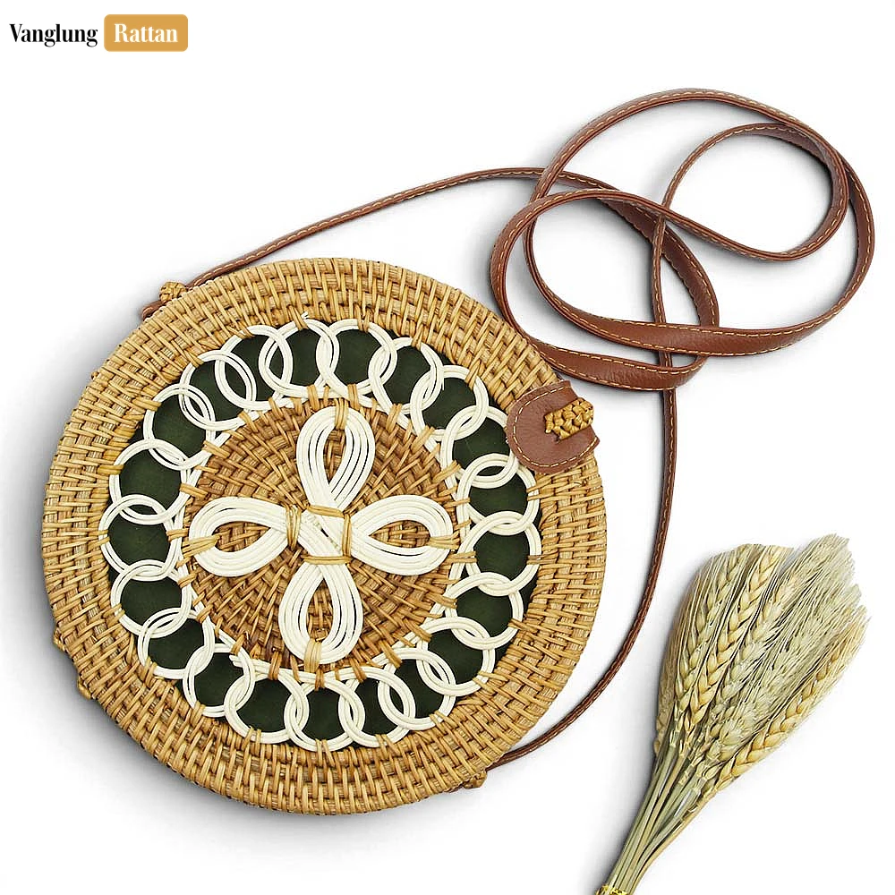Rattan Export Custom Round Wicker Rattan Crossbody Bag White Floral Green Lining - REX-BG013005