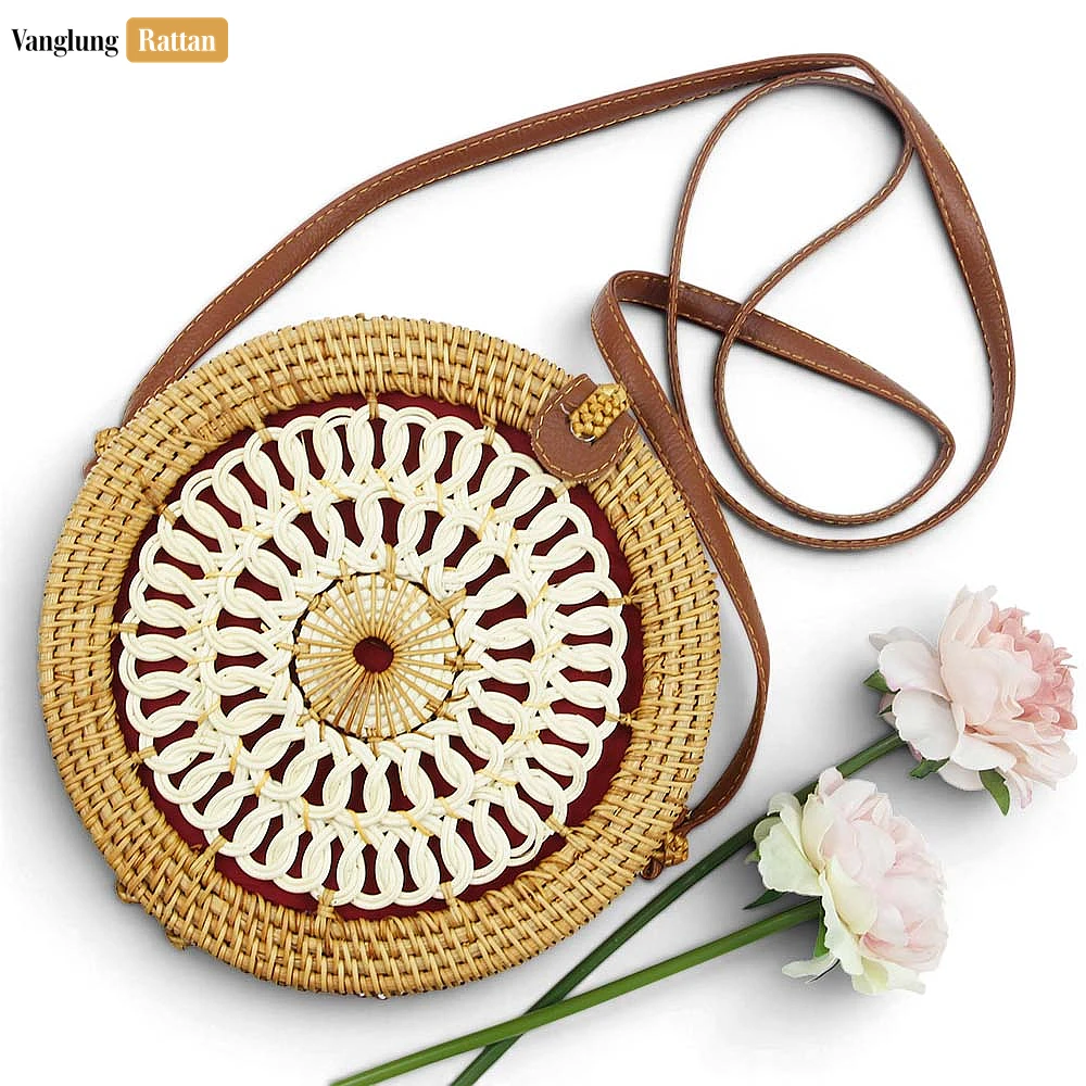 Rattan Export Wholesale Round Rattan Straw Crossbody Bag with Loop Pattern - REX-BG013004
