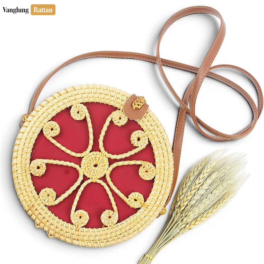 Rattan Export Wholesale Round Wicker Rattan Floral Crossbody Bag - REX-BG013003