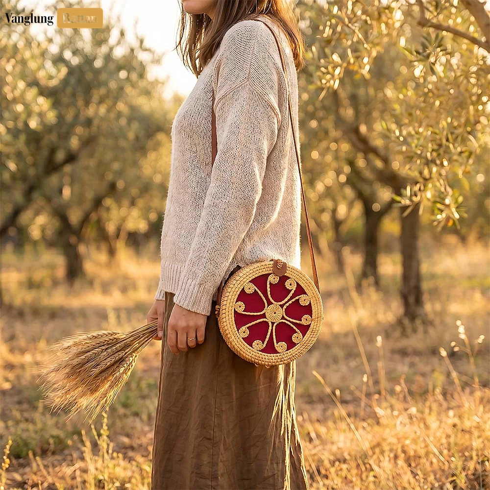Rattan Export Wholesale Round Wicker Rattan Floral Crossbody Bag - REX-BG013003