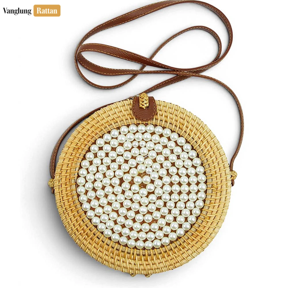 Rattan Export Handwoven Pearl Embellished Round Wicker Rattan Shoulder Bag - REX-BG013002