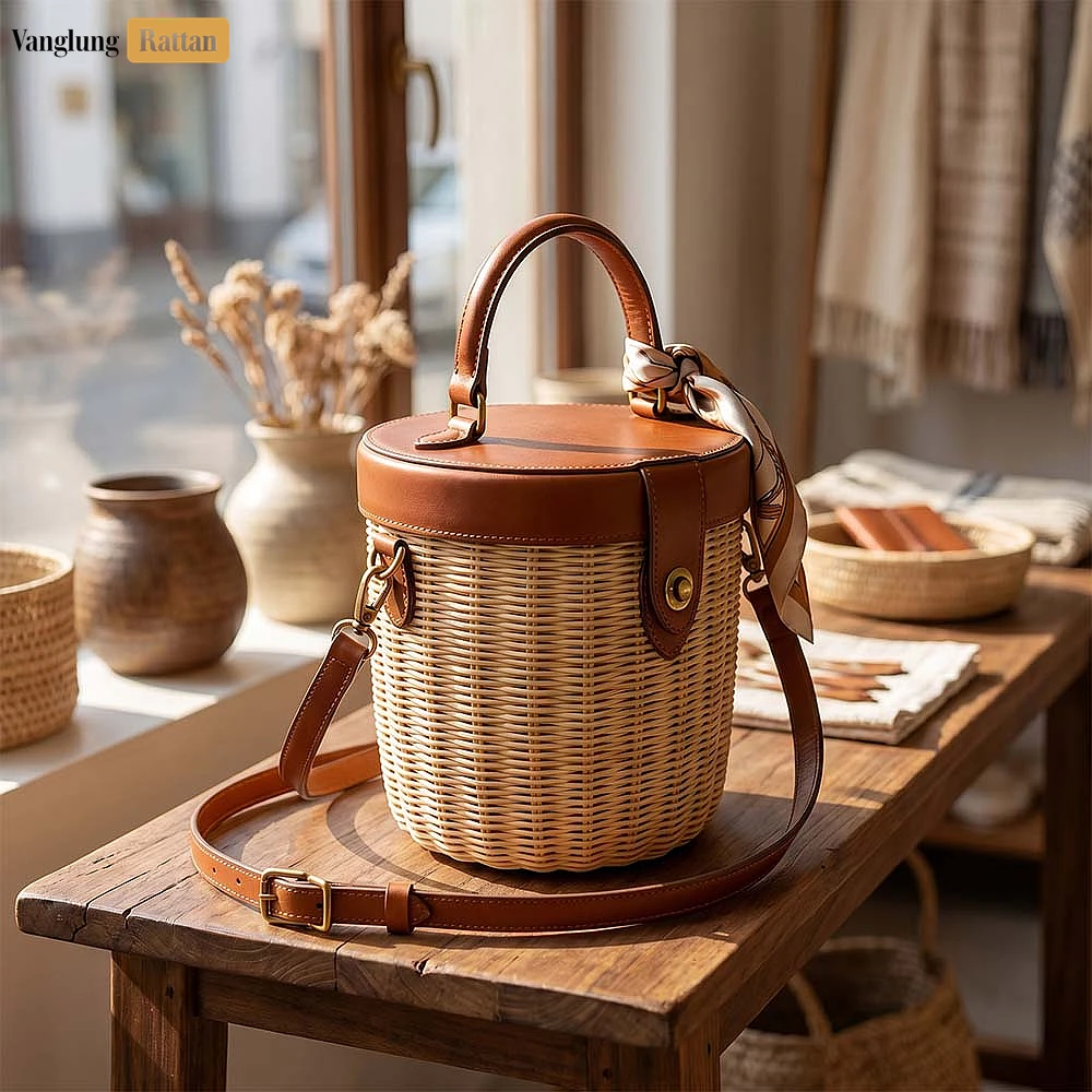 Rattan Export Luxury Cylindrical Wicker Handbag with Leather Lid - REX-BG032013