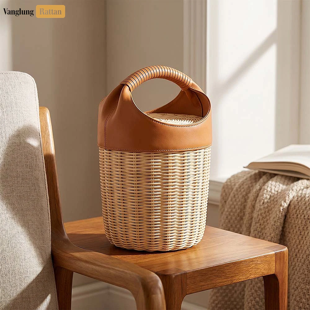 Rattan Export Luxury Cylindrical Wicker Handbag with Leather Lid - REX-BG032013
