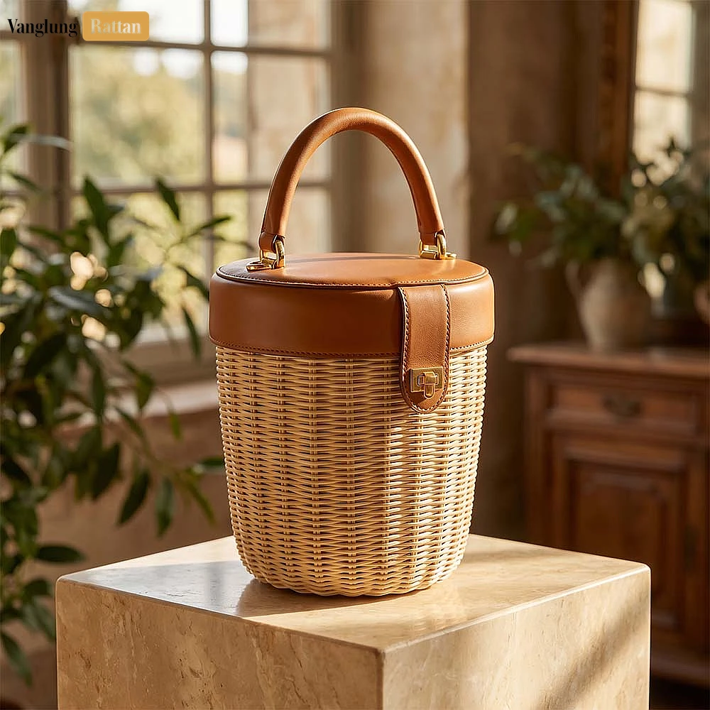 Rattan Export Luxury Cylindrical Wicker Handbag with Leather Lid - REX-BG032013
