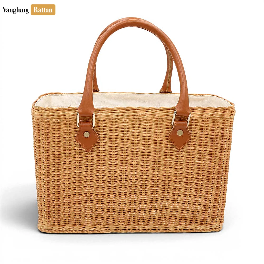 Rattan Export Natural Wicker Basket Tote Bag with Leather Handles - REX-BG032010