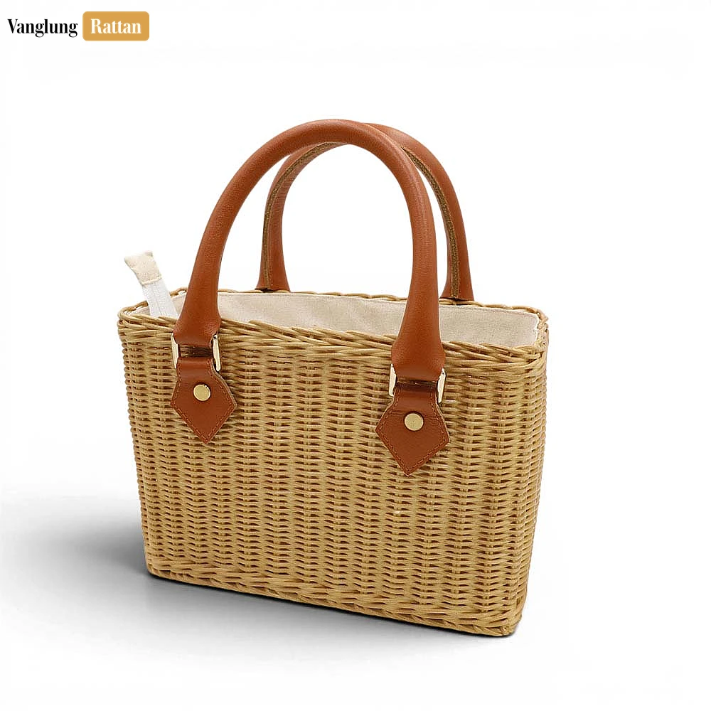 Rattan Export Woven Straw Summer Basket Handbag with Canvas Lining - REX-BG032009