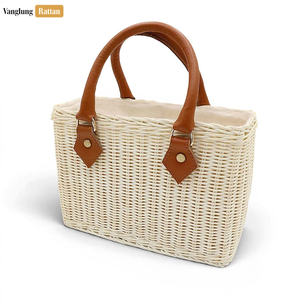 Rattan Export Rattan Basket Bag with Leather Handles - REX-BG032008